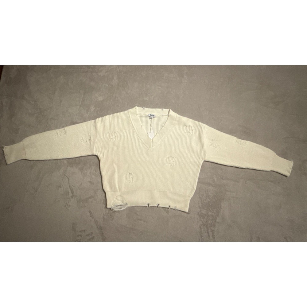 525 America Distressed Shaker V-Neck Sweater in Chalk Size Small NWT